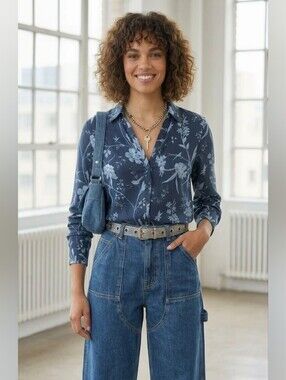 Laura Ashley Linen Cotton Navy Blue Floral Embroidered Button Down Blouse Size L